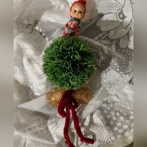 Vintage Festive Elf on Mistletoe Ornament with Gold Accents